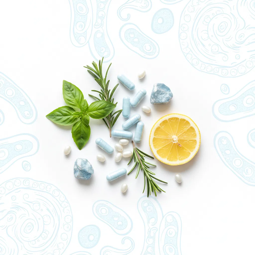 Naturliga ingredienser för kosttillskott - magnesium, selen, probiotika och örter på vit bakgrund